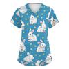 Women's Fashionable V-neck Short-sleeved Work Top With Double Side Slits And Pockets, Featuring Easter Bunny And Egg Prints.