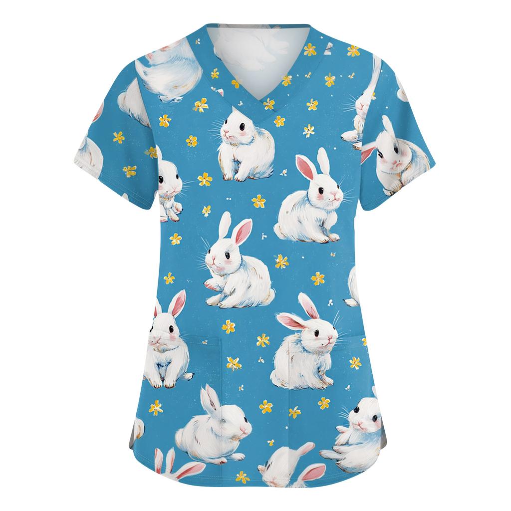 Women's Fashionable V-neck Short-sleeved Work Top With Double Side Slits And Pockets, Featuring Easter Bunny And Egg Prints.