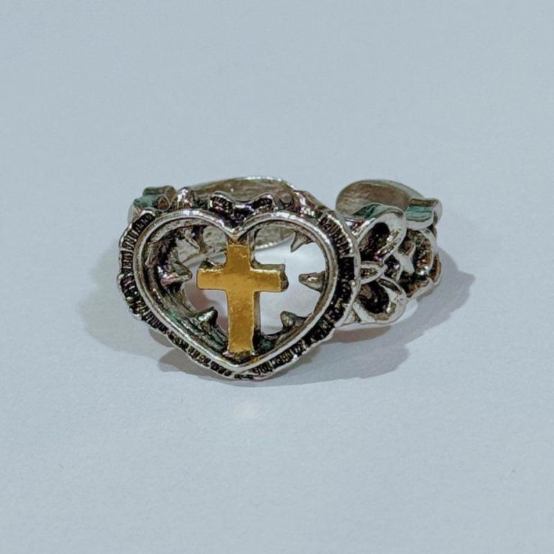 Jun'an Adjustable Heart-Shaped Gold Cross Ring