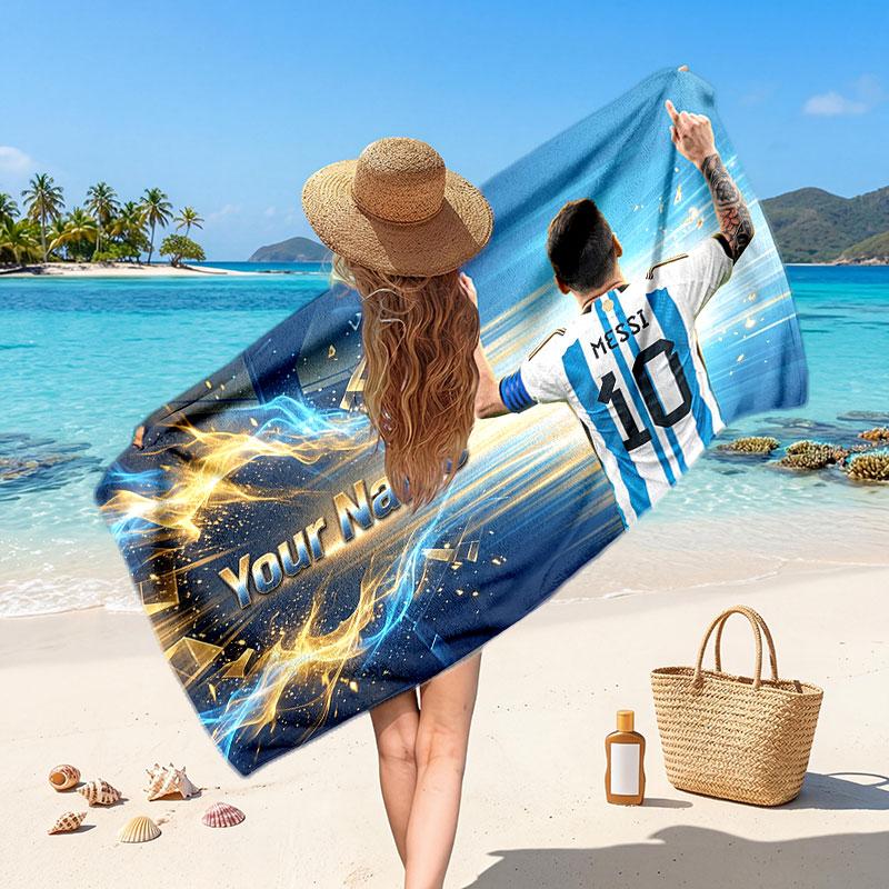 Asciugamano da Spiaggia Personalizzato Lionel Messi, Stampa Testo Nome Personalizzato, Asciugamano Morbido Asciugatura Rapida con Logo Calcio, Regalo per le Vacanze