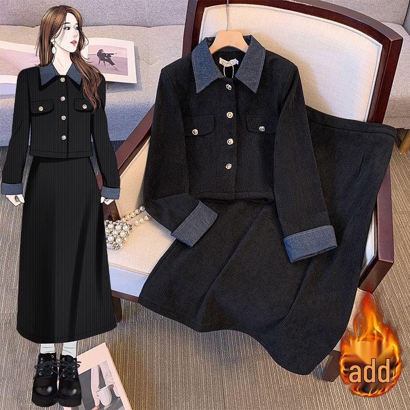 

Plus Size Elegant Chinese Style Fleece-Lined Polo Collar Dress Set for Autumn/Winter L fits [100-120 jin]