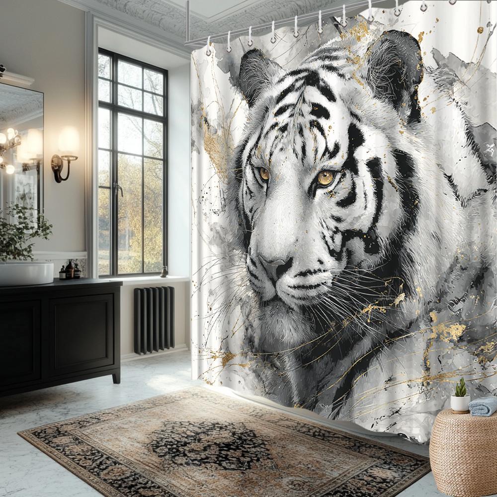 Annier White/Black/Gold Tiger Shower Curtain – Realistic Watercolor Portrait With Stripes & Accents, Cream Background, Waterproof