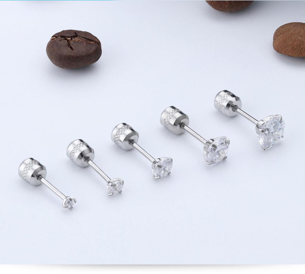 Mixed Round Zirconia Stud Earrings Set, Stainless Steel, Four-Prong Design.