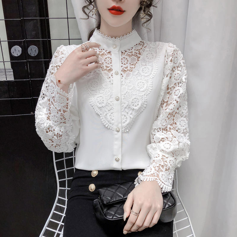 Frauen Spitze Blusen Blütenblatt Hülse Frauen Bluse Chic Taste Aushöhlen Blume Spitze Patchwork Weißes Hemd Top Weibliche Kleidung