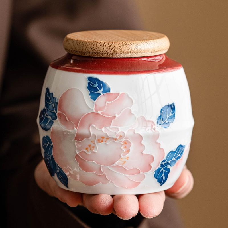 Creative Ceramic Peony Tea Canister Small Portable Candy Nuts Coffee Bean and Herb Storage Jar Moisture-Proof Sealed Container