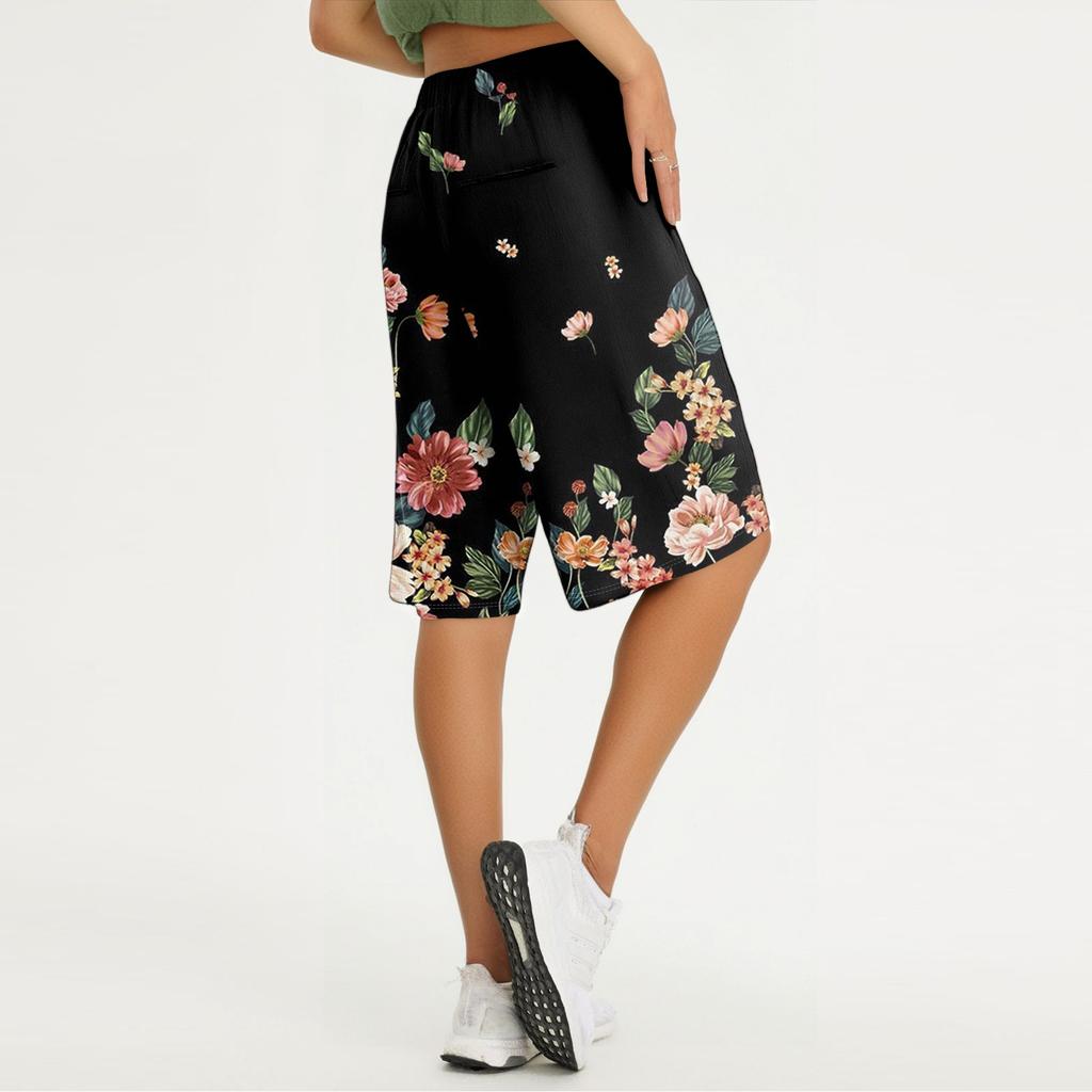 Women's Summer Fashion Retro Floral Polka Dot Print Knee Length Lightweight Elastic Waist Casual Pocket Shorts