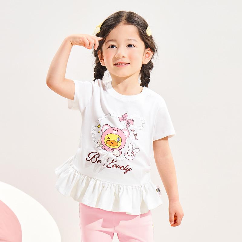 B. Duck Yellow Duck Children's Clothing 2026 New Popular Women's Treasure Lotus Leaf Skirt Printed Short sleeved Top