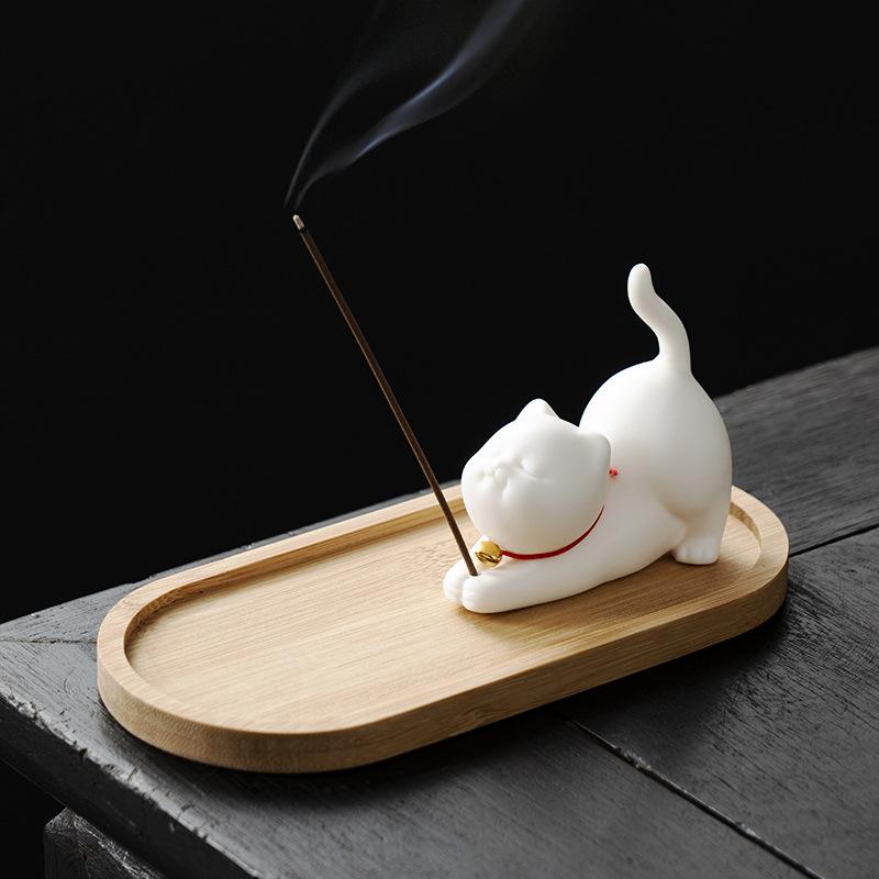 Cute Cat Incense Burner Stick Holder Mini Lovely Cat Incense Burner With Bamboo Mat Home Decor Tea Pet Tea Ceremony Accessories
