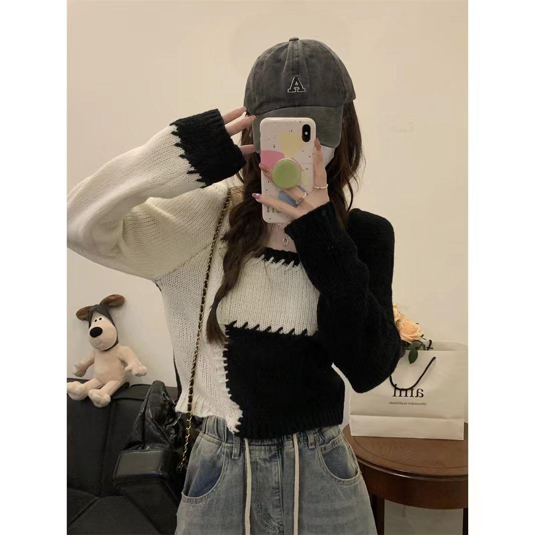 

Корейський повсякденний корейський пуловер з квадратним вирізом і коротким жіночим коротким жіночим топом з довгими рукавами. one size чорний