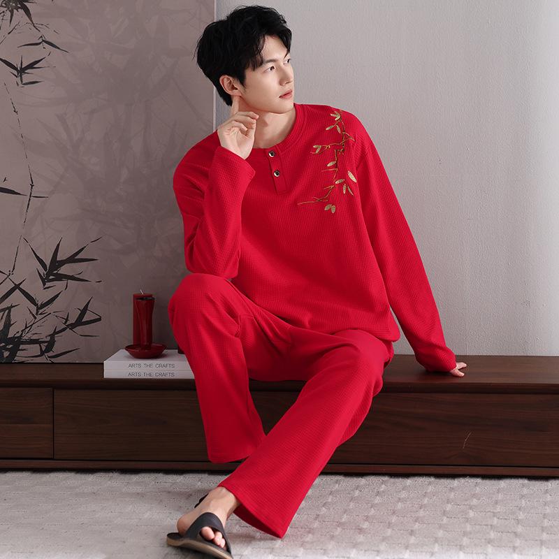 

Мужской осенний хлопковый вафельный пижамный комплект - Футболка с круглым вырезом, длинным рукавом и брюки L (Height 165-170cm, Weight 120-140kg)