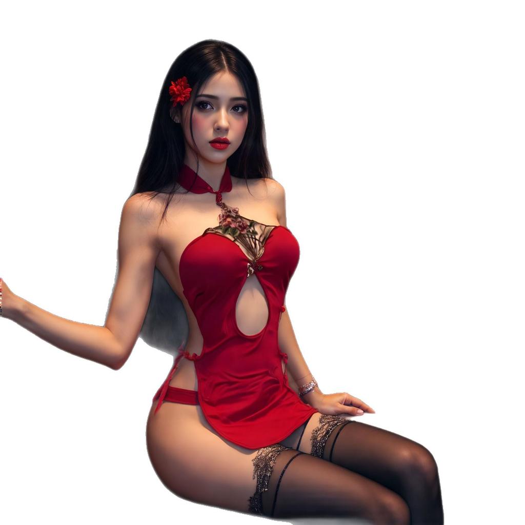 Bridal Red Peony Embroidered Halter Lingerie Set