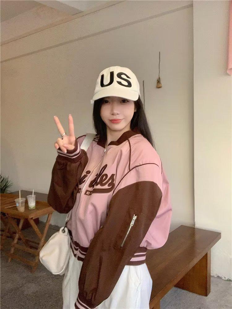 Plus Size Pink Retro Baseball Jacket for Petite Women - Spring & Autumn