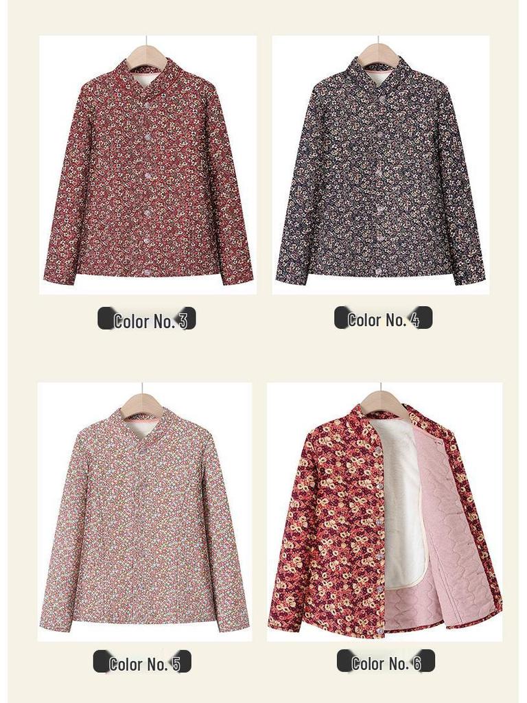 Grandma's Winter Floral Cotton Jacket with Velvet Lining - Warm, Thickened, Small Size for Elderly Women