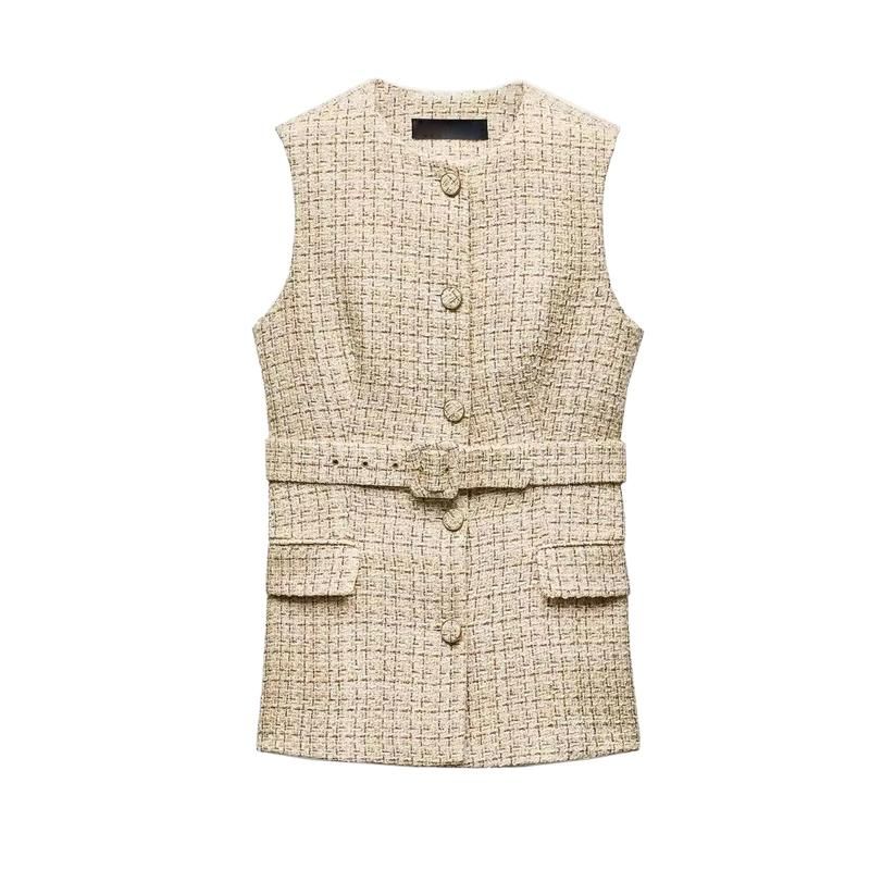 Autumn and Winter New Women Western Style With Belt Graceful Plaid Texture Sleeveless Vest Vest 9208956