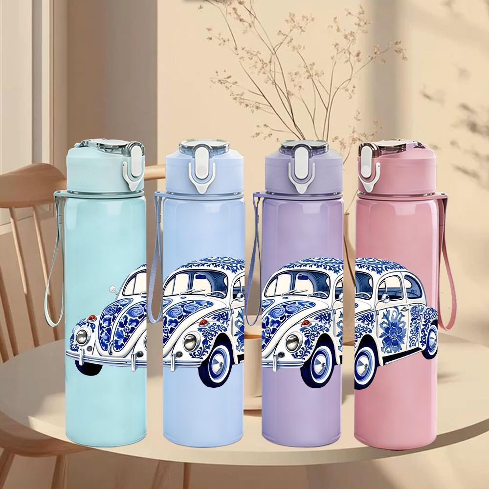 1PC Vintage Blue Beetle Car Retro Pattern 750ml Color Plastic Sports Water Bottle Leakproof Flip Straw Lid Suitable for Sports Office Home Use