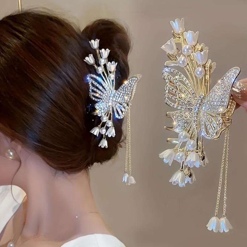 Graceful And Delicate Butterfly Hairpins with Rhinestone And Imitation Pearls - Women S Large Metal Tassel Hairpins, Perfect for Gifts золотистый