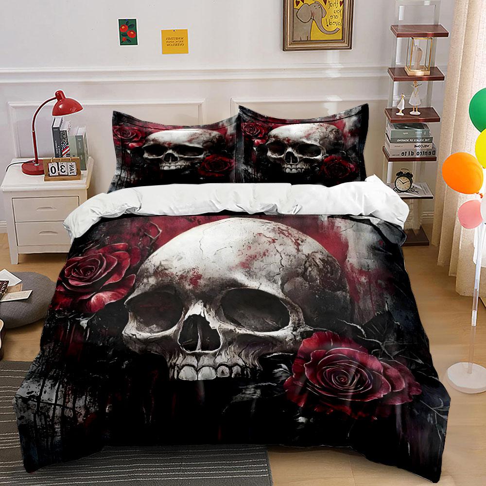 Skull with Red Roses Design Bedding Duvet Cover Set (1*Duvet Cover 2*Pillowcases, without duvet insert)