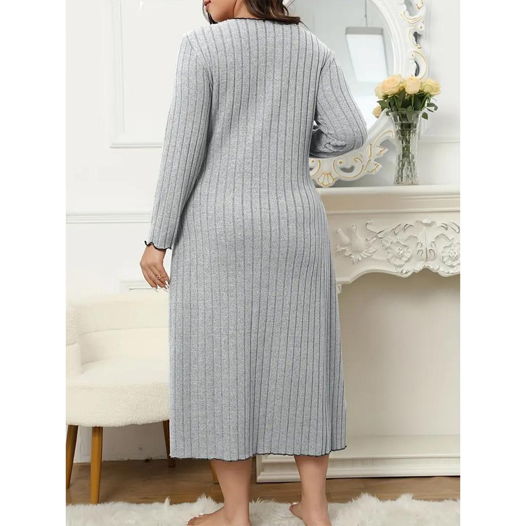 Women's Fashionable Plus Size Solid Color V Neck Long Sleeved Casual Loose Dress