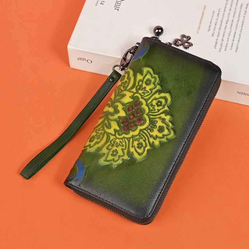 New Genuine Leather Women s Long Wallet, Fashionable Zipper Handbag, Printed Hand-painted Handbag, Multifunctional Mobile Phone Bag, Cross зелёный