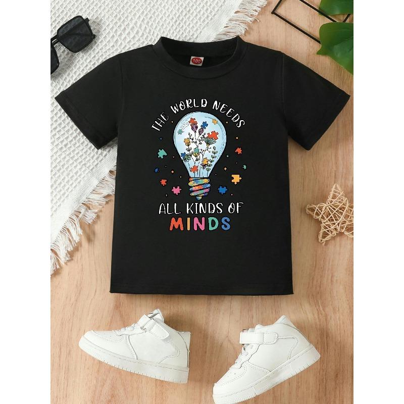 

European sizes A Vintage Graphic Print Featuring a Light Bulb with The Phrase THE WORLD NEEDS ALL KINDS OF MINDS on a Girls Crew Neck T-Shirt 98cm чёрный