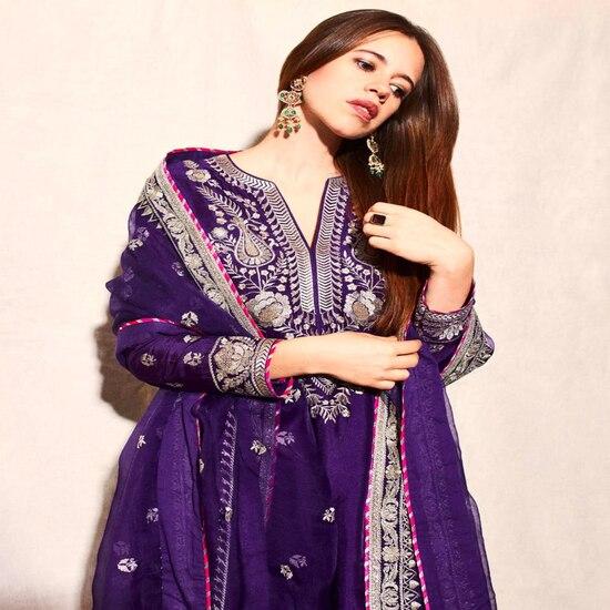 Royal Purple Thread Embroidered Straight Suit Set