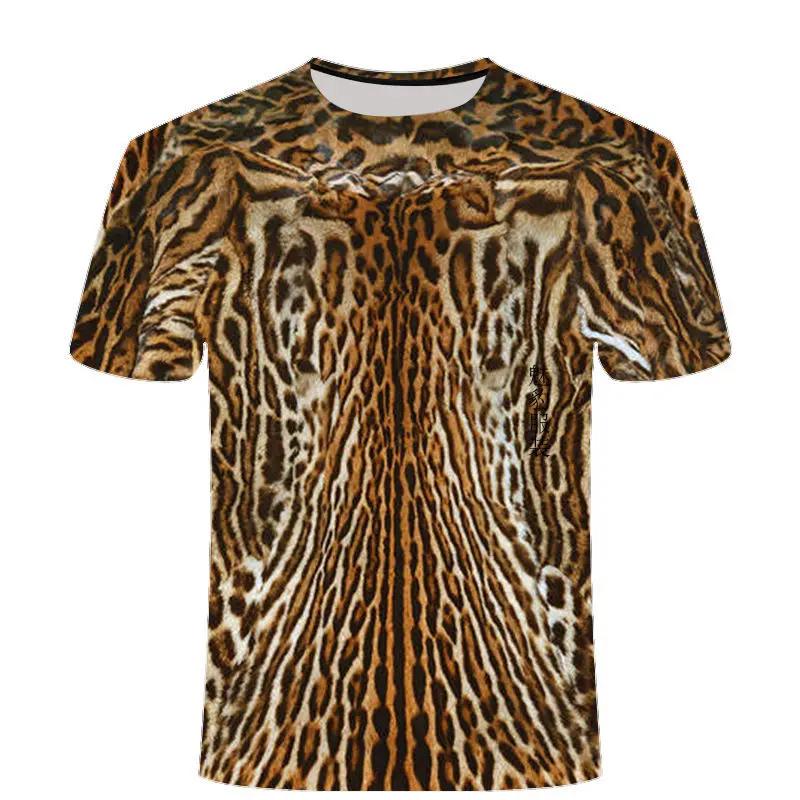 Leopard Printing T-shirt Contrasting Stripes Fleck O-neck T Shirt For Men And Women's Summer Fashion Comfortable Top
