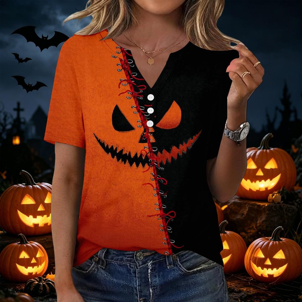 Women's Casual Halloween Printed V Neck Short Sleeve Button Front T Shirt Top for Everyday Wear Seasonal Themed Tee