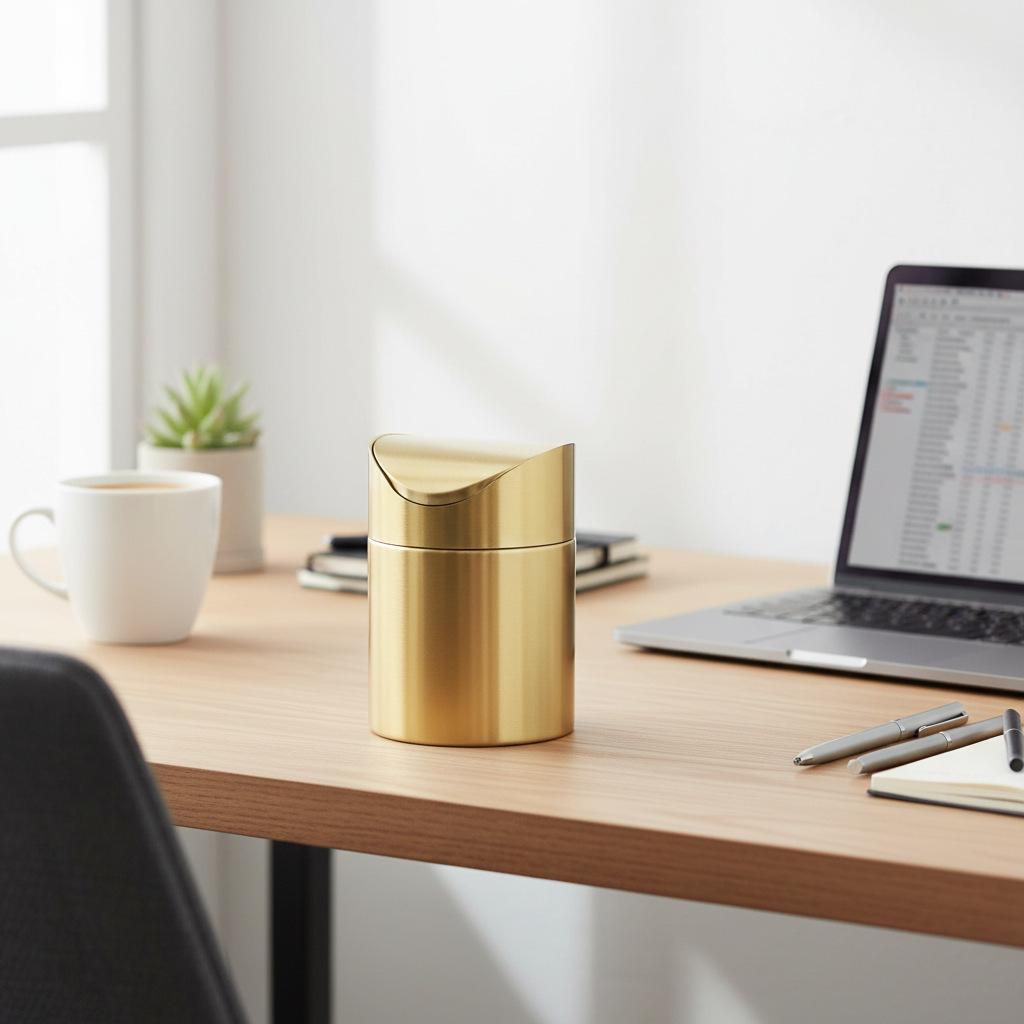 Gold Desktop Trash Can - 304 Stainless Steel Mini Bin with Lid, Light Luxury Storage Basket