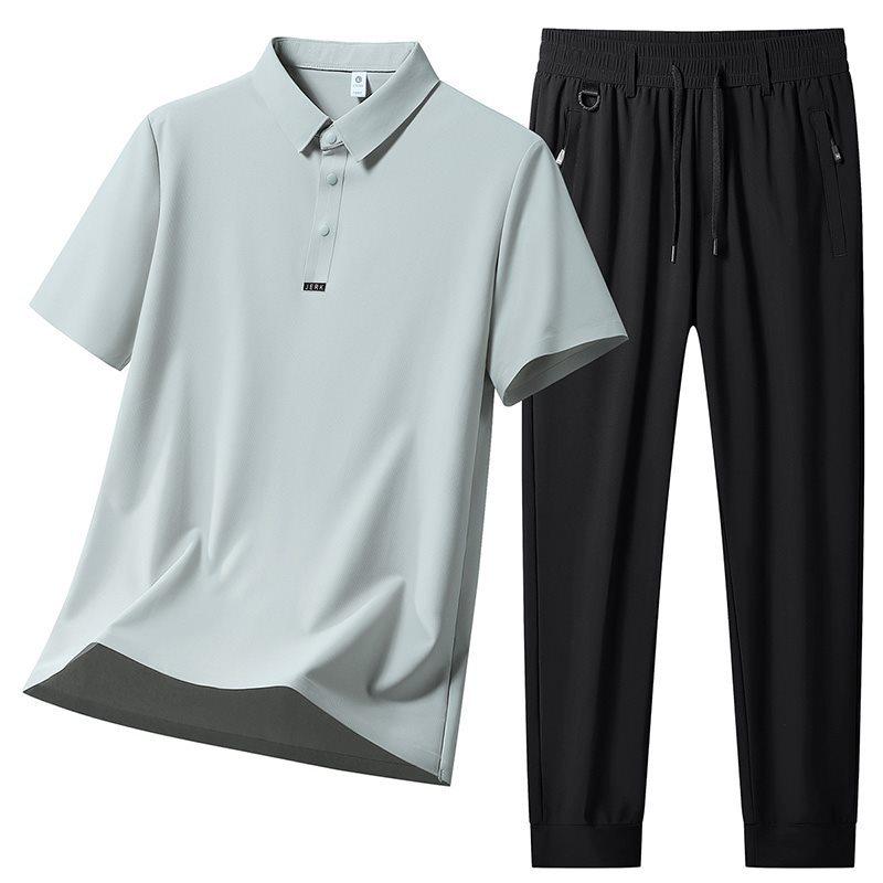 Men's Polo Short Sleeve & Long Pants Set: Summer Breathable, Elastic, Cool Touch Casual Sportswear.