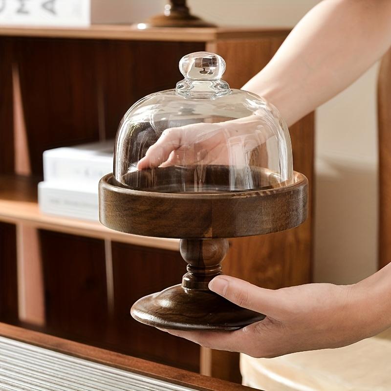 Wooden Cake Tray Acacia Fruit Plate with Glass Cover Dustproof Dessert Stand for Home Living Room