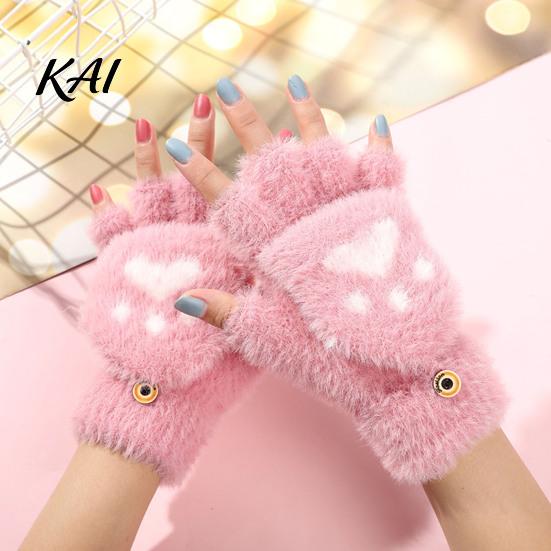 Practical Gift for Winter Furry Cat Paw Thermal Gloves, Flip Top Mitten with Button Women, Half Finger Writing Gloves Students Plush Cute Bear
