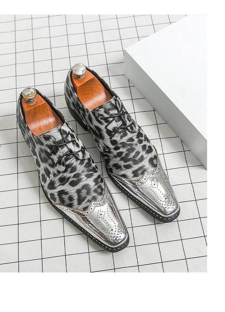 Men's Large Pointed Toe Leather Brogue Loafers - Shiny Leopard Print, British Style
