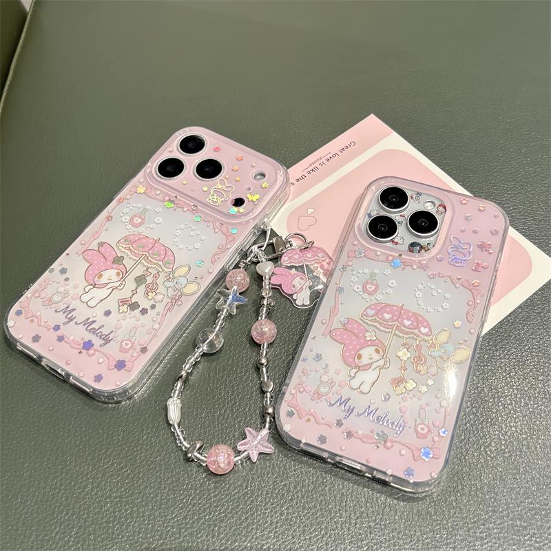New My Melody Kawaii Glitter Phone Case With Wrist Strap For iPhone 15 16 17 Pro Max INS Pink Cute Shockproof Protective Cover