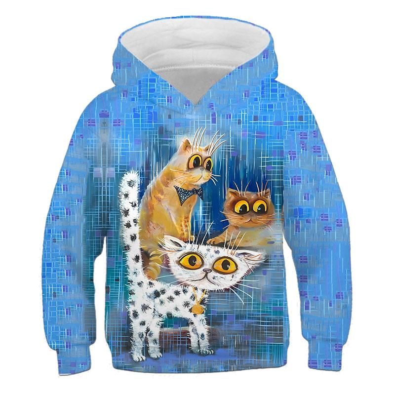 Girls' hooded long-sleeve sweatshirt, cute 3D cat pattern, children's spring and autumn casual outdoor pullover