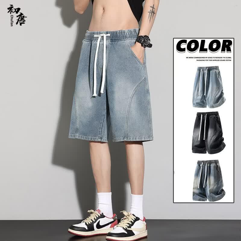 Men s Relaxed Fit Patchwork Ice Silk Denim Shorts L
