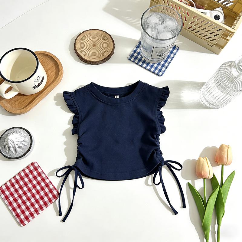 Girls Summer Pink Ruffle Sleeve Crop Top Drawstring Solid Tee Shirt Cute Casual Baby Kids Clothing 90cm