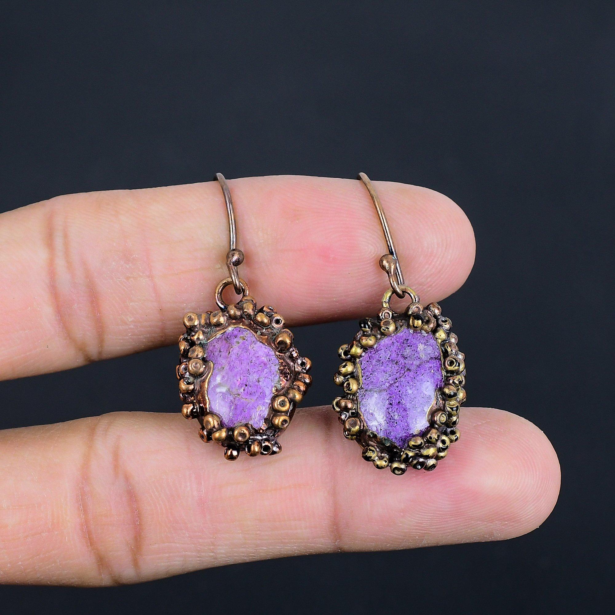 

Purpurite Copper Electroformed Earrings, Handmade Gemstone Earrings Jewelry, Gifts For Wife Brand New Earrings 2.55 Inches