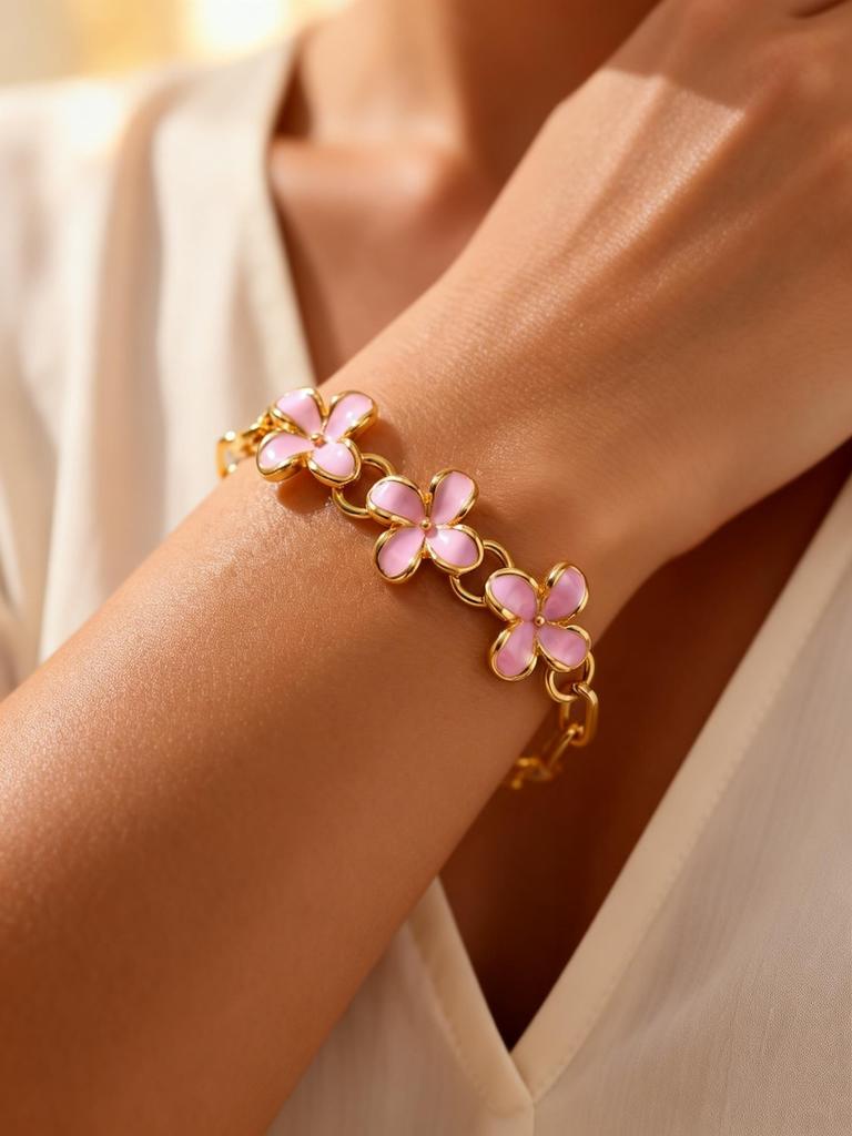 Luxuriöses Rosa Blumenarmband für Damen Mädchen Süß Verstellbare Gliederkette Florale Armbänder Goldfarben Anhänger Schmuck Geschenk