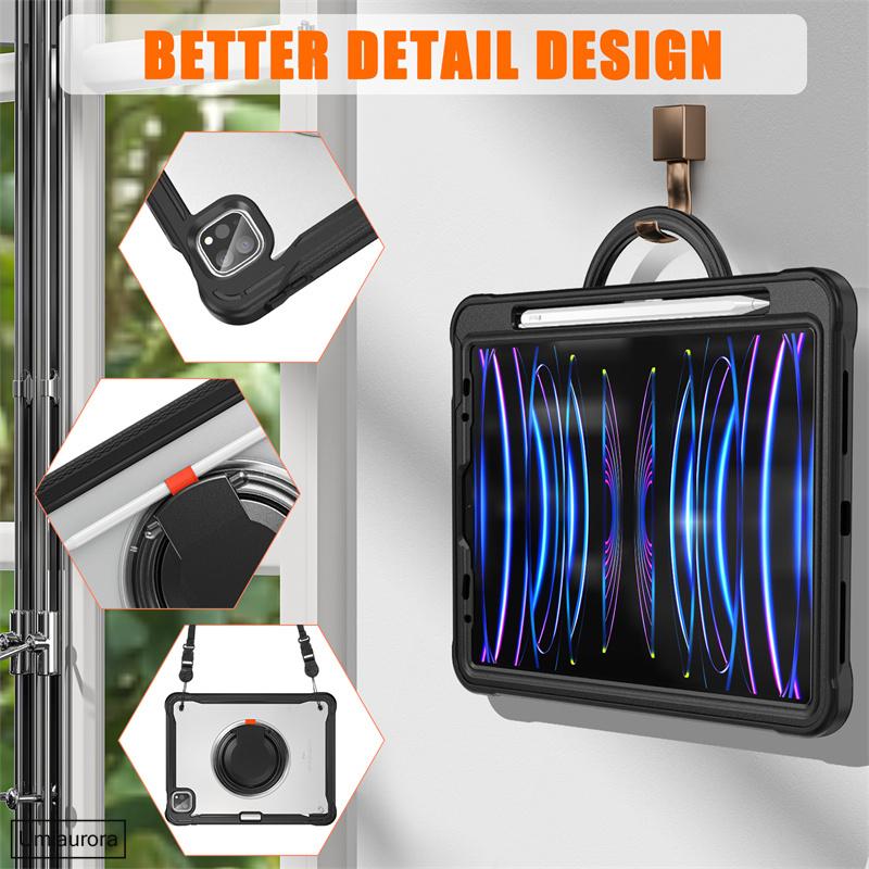 For IPad Mini 7 Air 6 5 4 10.9 Pro 11 12.9 13 Inch M4 Tablet Case Rotation Hand Ring Shoulder Strap Stand Shockproof Cover Funda