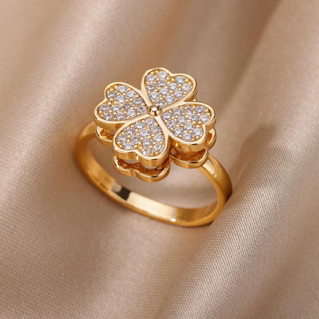 Elegant Zircon Flower Butterfly Rings For Women Gold Stainless Steel Flower Adjustable Ring Wedding Christmas Jewelry Gift
