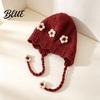 Fashionable Wavy Lace Brim Hat Baby Winter Woolen with Floral Decor Windproof Warm Knitted Toddler Girl Gift for Hat Ear Protection Cap Autumn