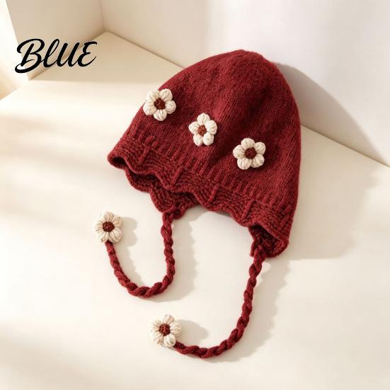 Fashionable Wavy Lace Brim Hat Baby Winter Woolen with Floral Decor Windproof Warm Knitted Toddler Girl Gift for Hat Ear Protection Cap Autumn