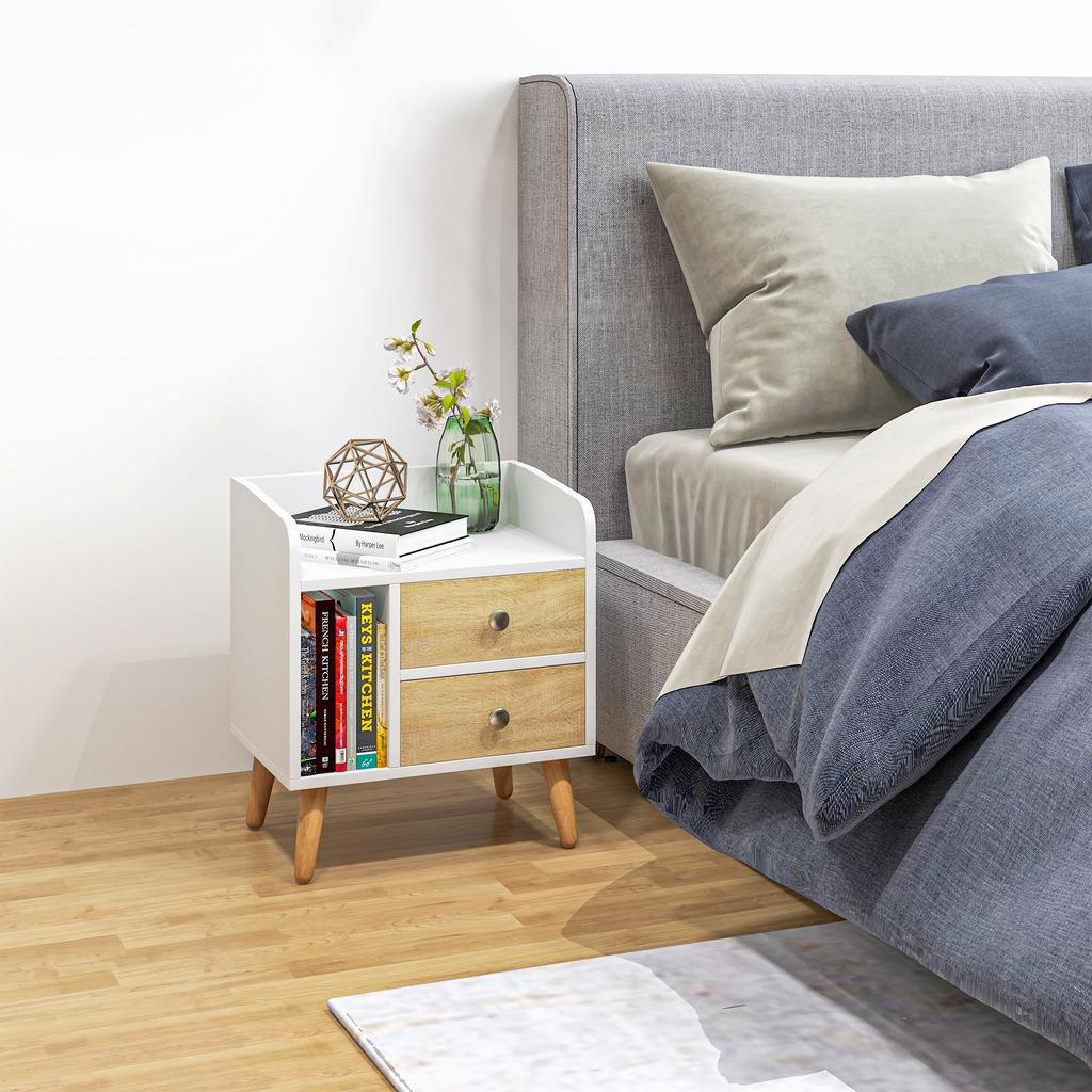 Bedside Table, 2 Drawers, 1 Open Shelf, Raised Pine Legs, 43 X 30 X 49 Cm