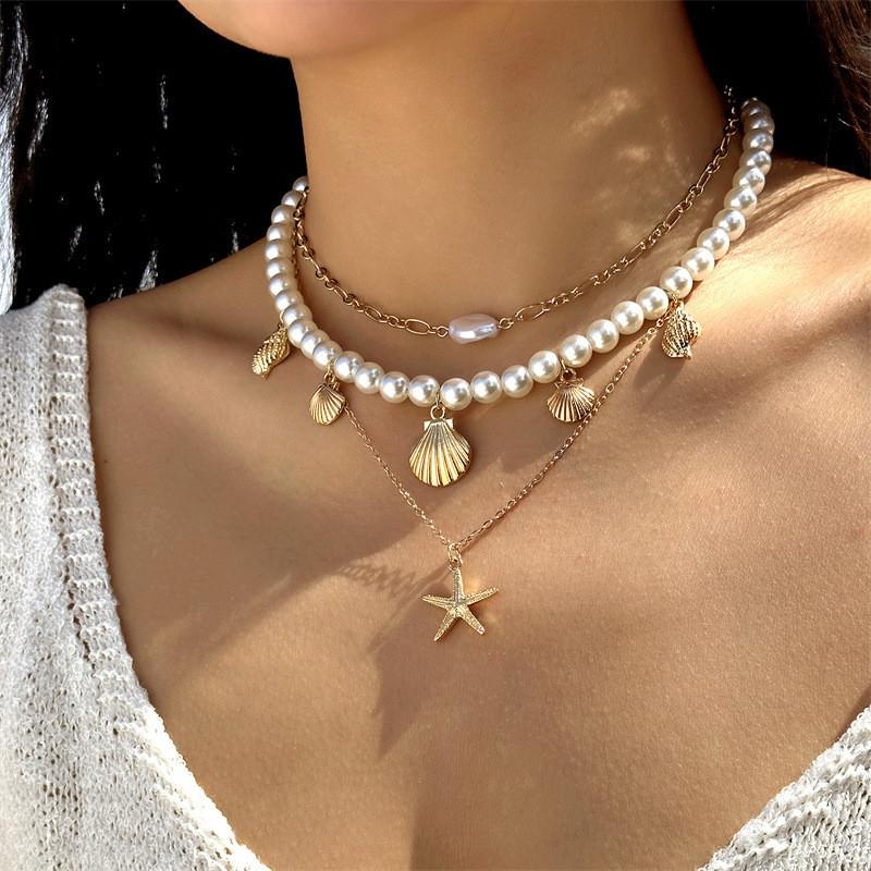 Bohemian Starfish Shell Bead Necklace With Layered Chain For Women