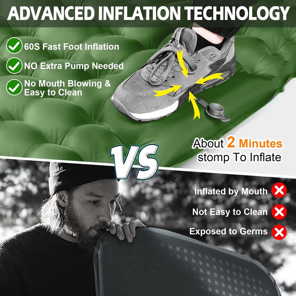 Double Sleeping Pad for 2 Person, Thick Inflatable Camping Mat with Built-in Foot Pump & Pillow, Compact Air Mattress for Hiking, Backpacking, Tent