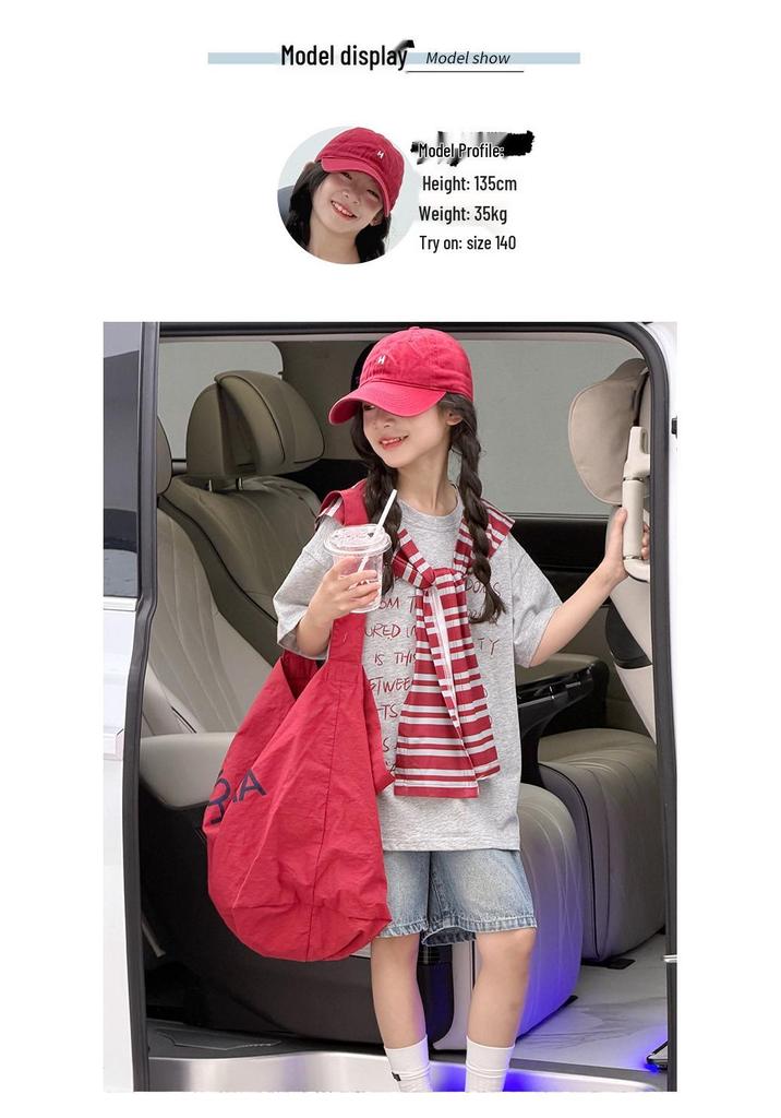 Girls' Korean Style Summer Striped Shawl T-shirt & Denim Shorts Set for Big Kids