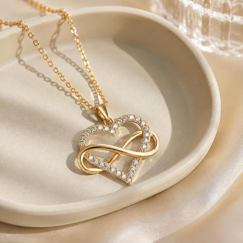 Zircon Heart Pendant Necklace with Smooth Figure-Eight Form, Polished Alloy Construction Neckchain, and Electroplated Finish
