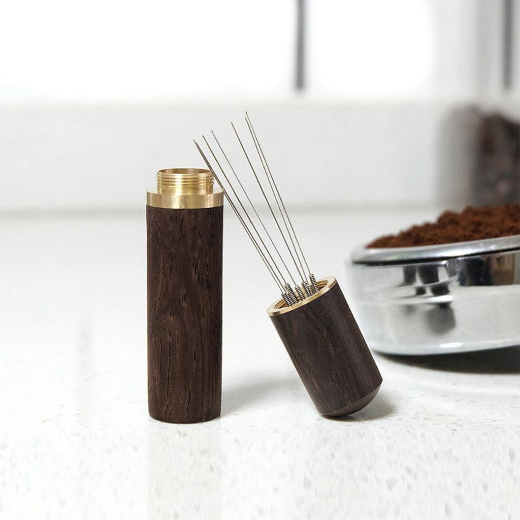6-Needle Espresso Distribution Tool – Coffee powder distributor, 0.4mm Pins to Break Up Clumps & Prevent Channeling, Wood Handle
