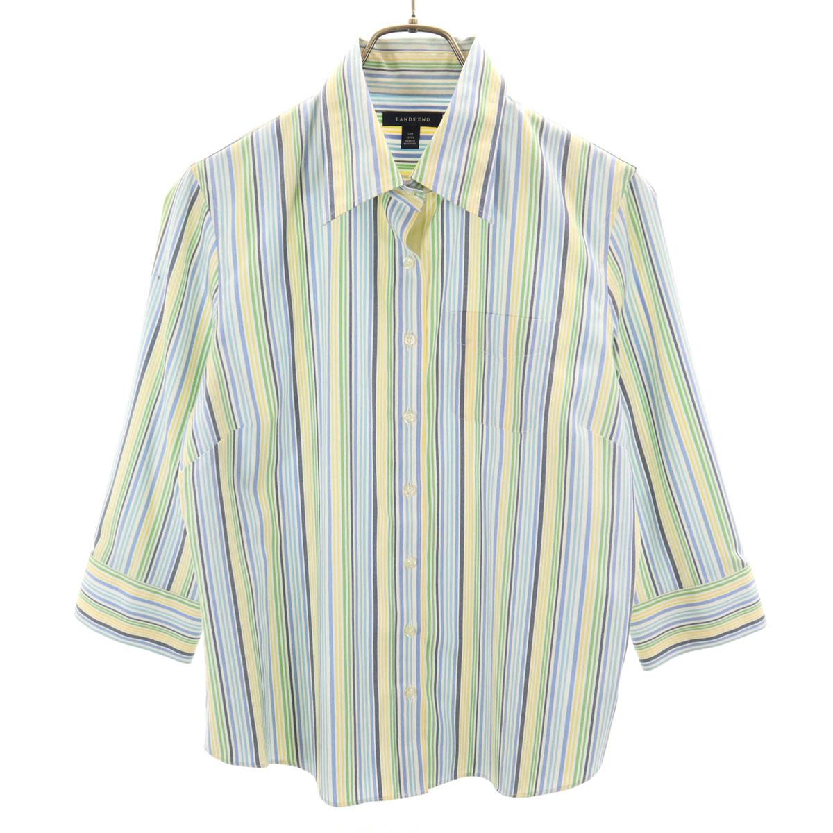 

LANDS END Striped Pattern 7 minutes sleeve Cotton shirt 13AR Yellow Women Used