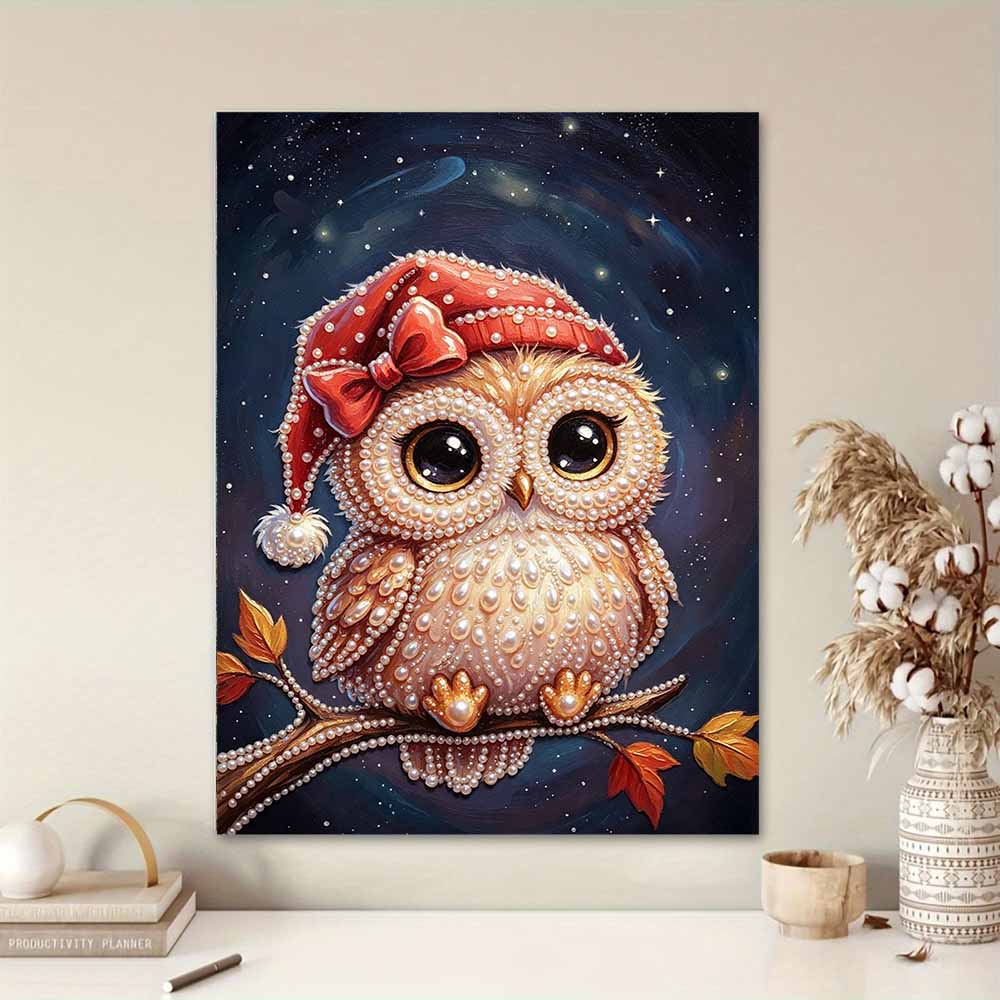 Framed Pearl Bead Painting Kit Christmas Owl Design DIY Shiny Canvas Art Relaxing Craft Gift for Craft Lovers Creative Wall Decor Projects